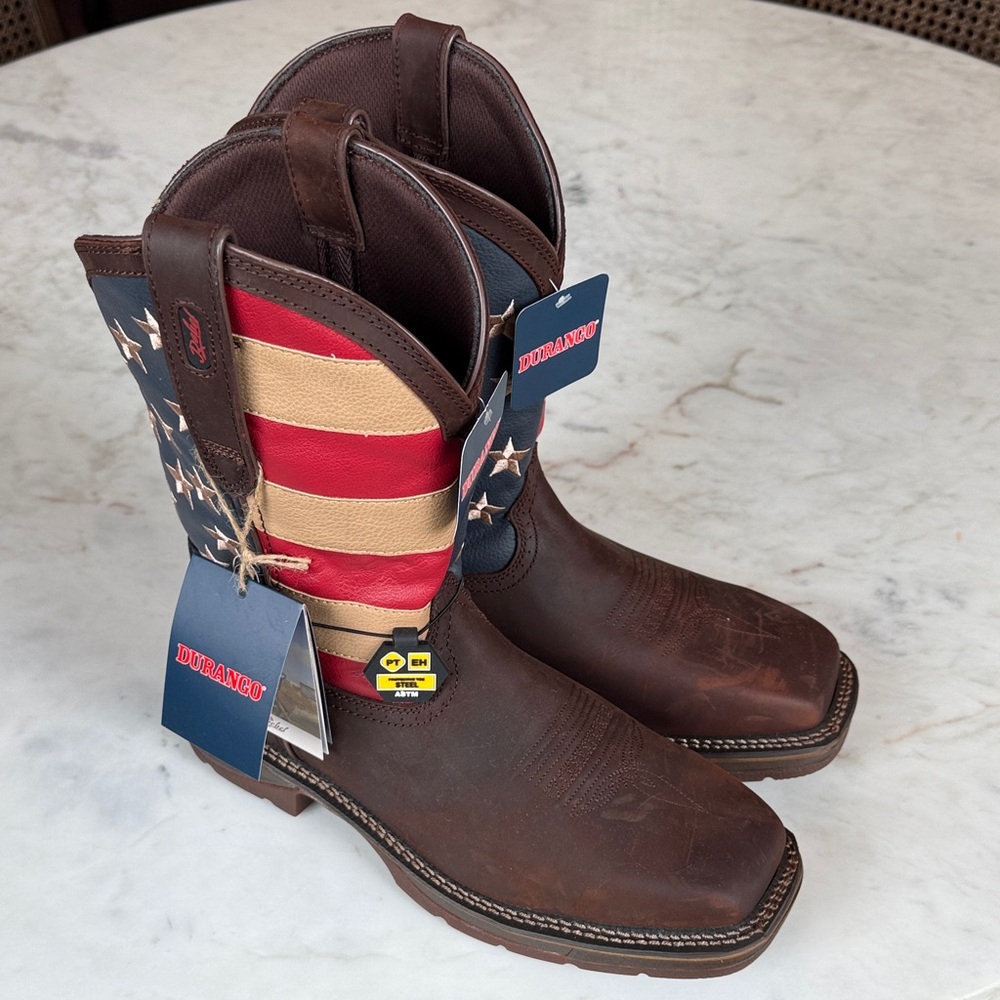 Durango Men's Brown Leather Cowboy Boots with Red, Cream & Blue Flag Shaft